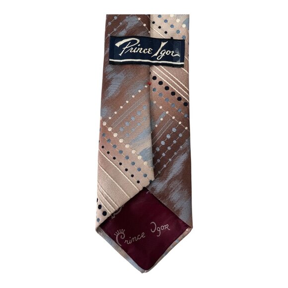 Vintage Prince Igor Men’s Tie – Brown Blue Striped Geometric Pattern - Picture 3 of 3